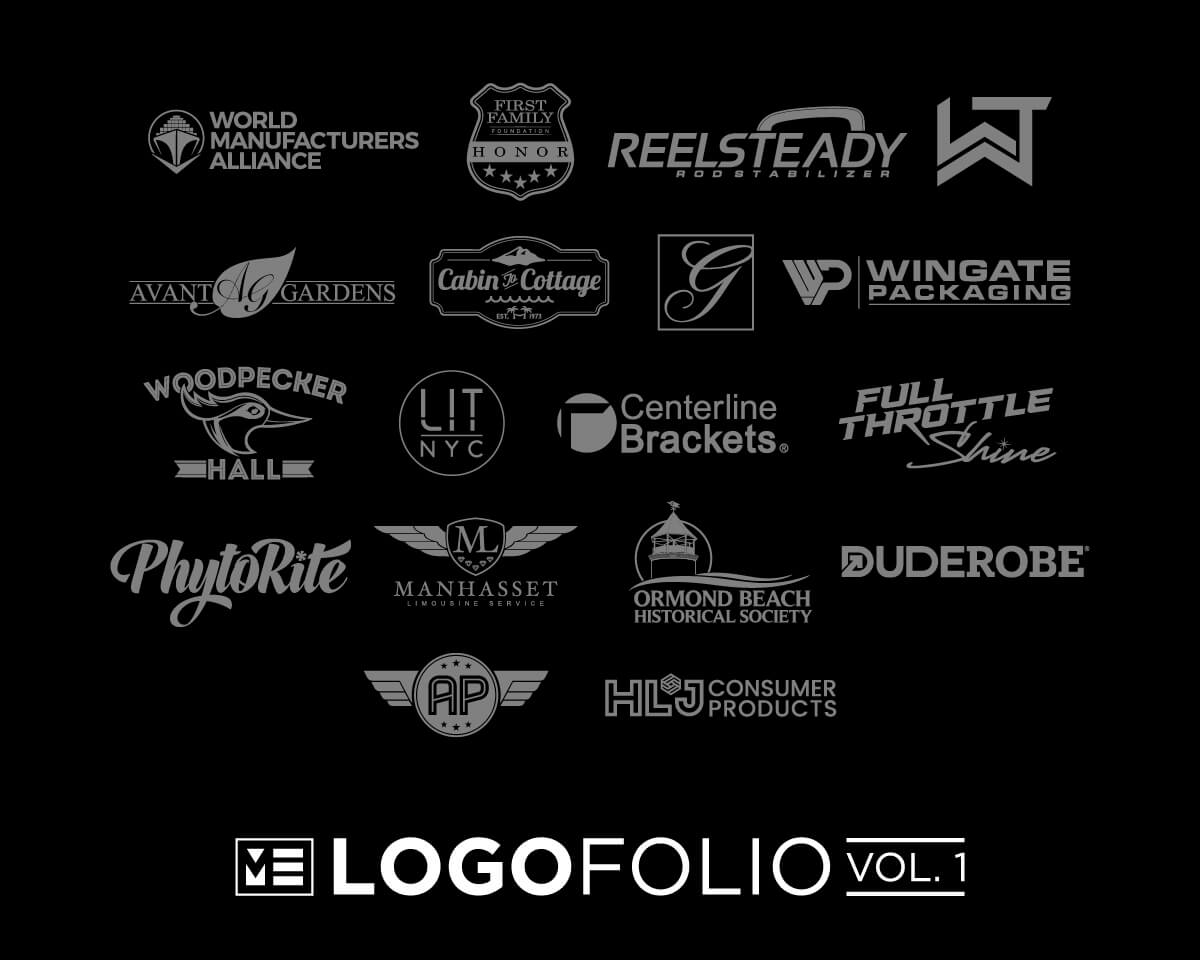 MSDG Logo Folio VOL 1 - MS Design Graphics Collage of grayscale company logos on a black background, arranged in a grid, with 'LOGO FOLIO VOL. 1' at the bottom.