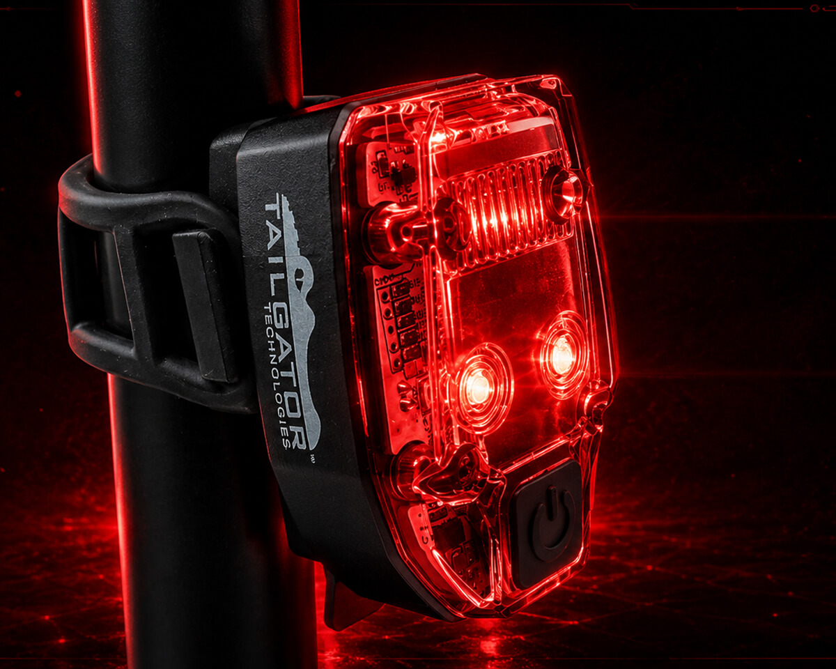 Red LED bike tail light mounted on a post, with exposed circuitry visible behind a clear housing.